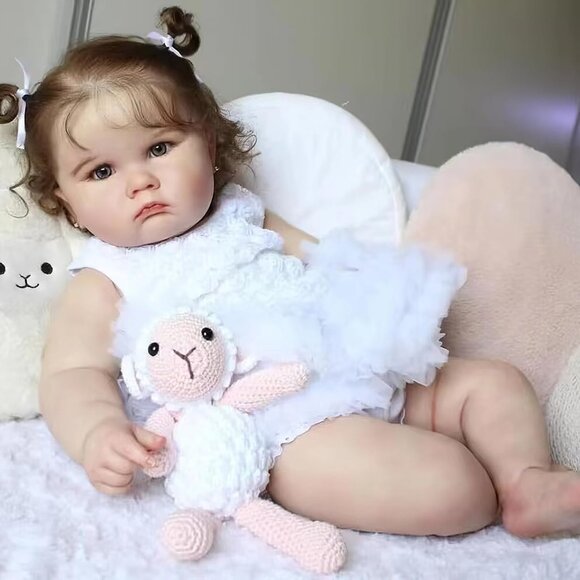 🆕24 Inches Reborn Cloth Body Baby Doll Girl with Blue Eyes & Curly Rooted Hair - Picture 1 of 3